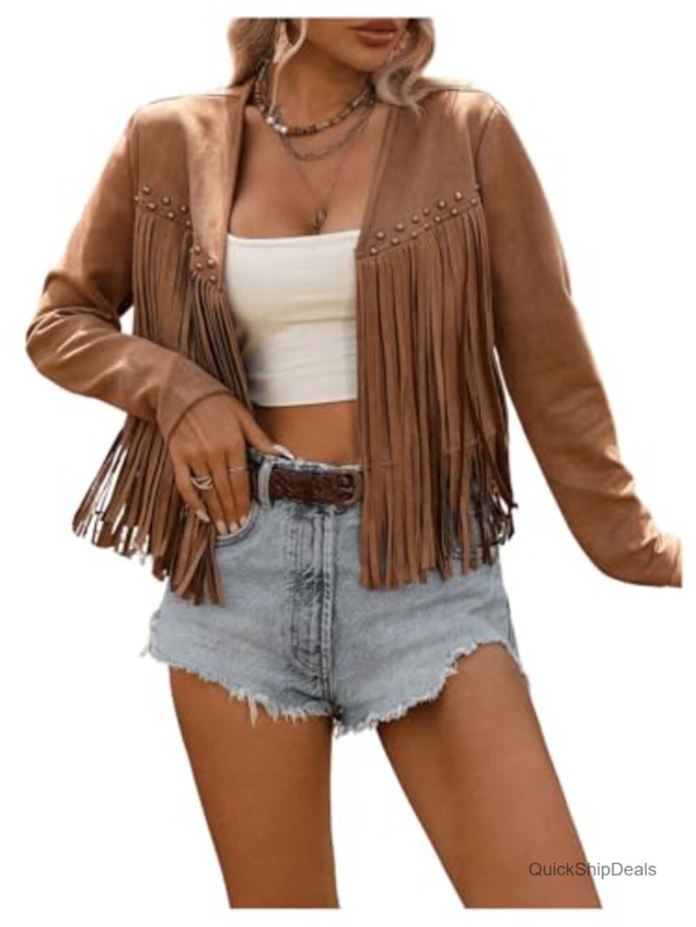 Fringe Trim Open Front Cardigan Jacket Long Sleeve Crop